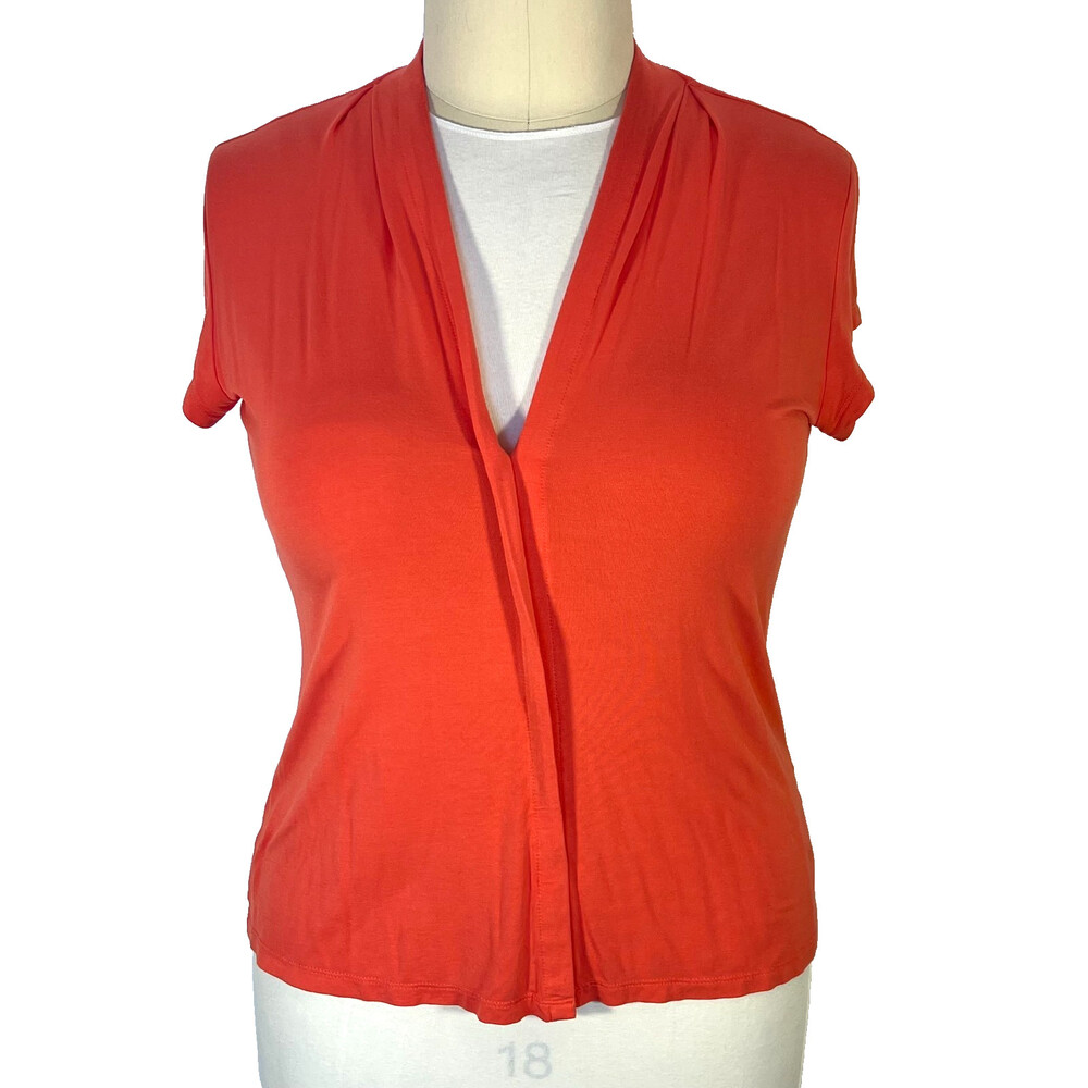 Tahari Blouse Womens XL Coral V-Neck Short Sleeve Cascade Front Stretch